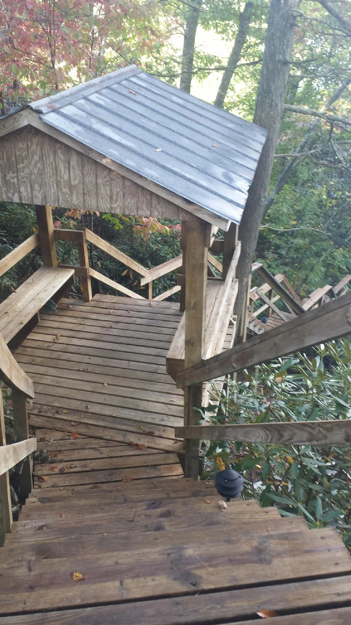 Metal roofed shelter over wooden steps on a wooded walkway — Skylight Repair & Installation work by our crew in Mount Vernon
